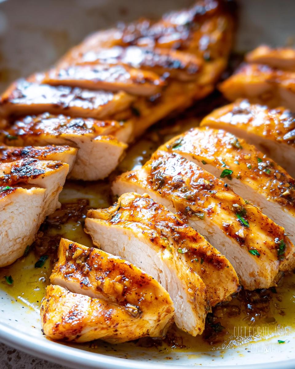 Close-up of sliced Weeknight Garlic Chicken breasts coated in a glossy, garlicky sauce.