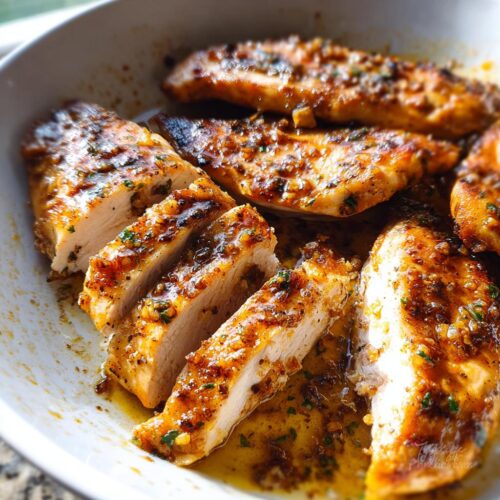 Close-up of sliced Weeknight Garlic Chicken breasts coated in a rich, buttery garlic and herb sauce.