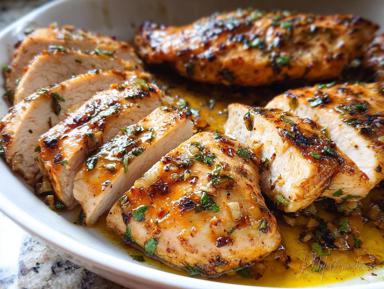 Close-up of sliced Weeknight Garlic Chicken breasts glistening with a rich, buttery garlic and herb sauce.