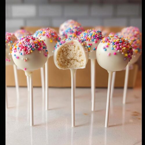 A group of white chocolate coated Birthday Cake Pops decorated with rainbow sprinkles, one is bitten open showing the cake center.