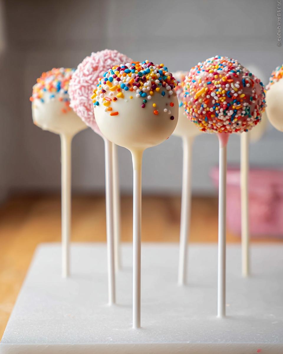 Several brightly decorated Birthday Cake Pops on sticks, dipped in white chocolate and covered in colorful sprinkles, standing upright.
