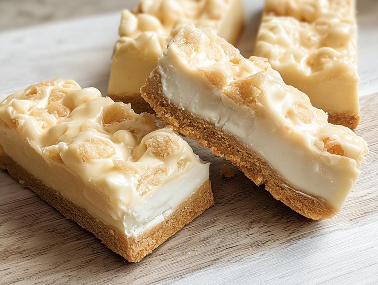 Three rich slices of White Chocolate Coconut Bars showing a thick, creamy white filling and crumbly topping on a graham cracker crust.