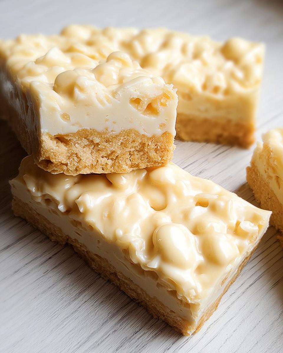 Two stacked slices of White Chocolate Coconut Bars showing a thick, creamy white chocolate topping over a crumbly base.