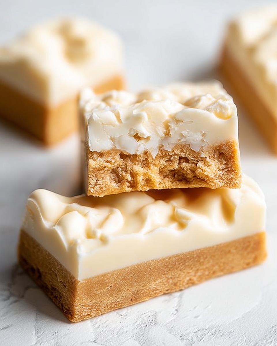 Two stacked White Chocolate Coconut Bars showing a thick, golden base and a creamy white chocolate topping with visible coconut flakes.