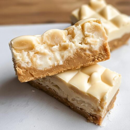 Two stacked slices of White Chocolate Coconut Bars showing a thick graham cracker crust and creamy white chocolate coconut filling.