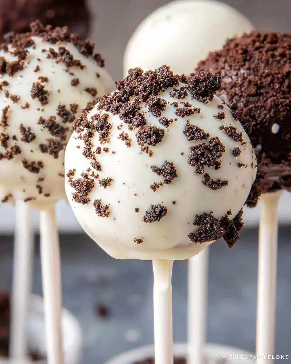 Close-up of white chocolate Cookies & Cream Cake Pops dipped and sprinkled with dark cookie crumbs.