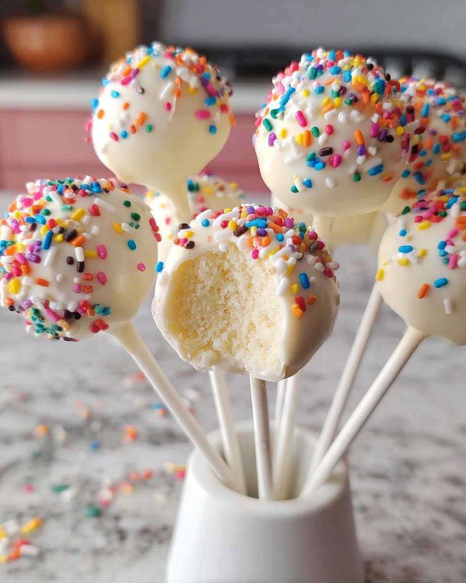 Close-up of several White Chocolate Sprinkle Cake Pops dipped in white coating and covered in rainbow sprinkles, one has a bite taken out.