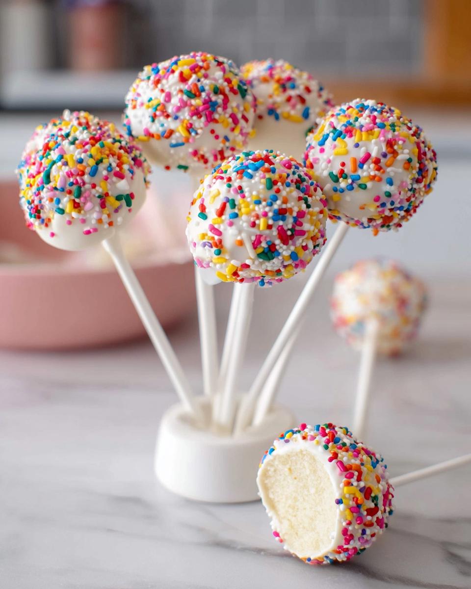 A bouquet of White Chocolate Sprinkle Cake Pops coated in white chocolate and rainbow sprinkles, one is cut open.