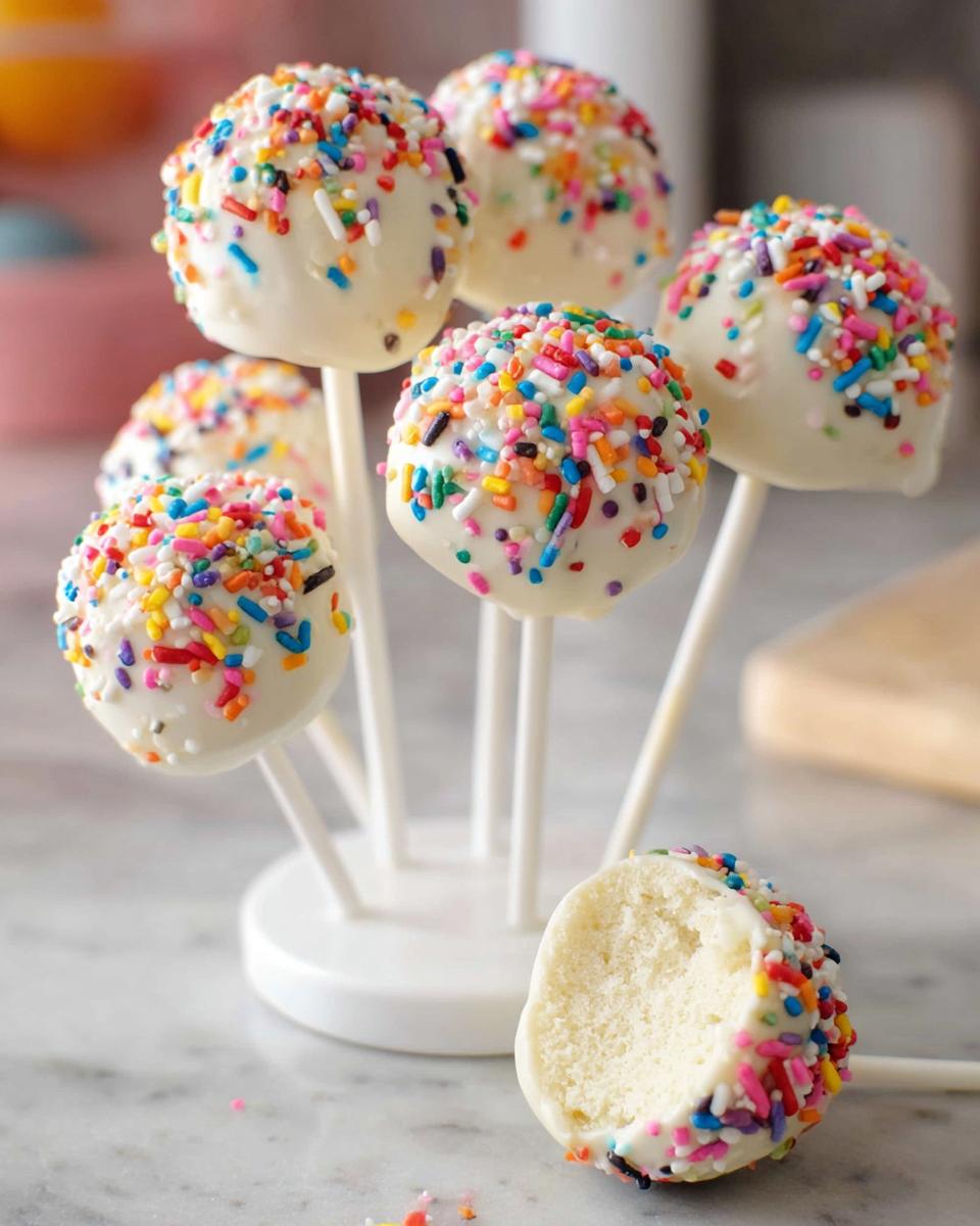 Several White Chocolate Sprinkle Cake Pops coated in white chocolate and rainbow sprinkles, displayed in a stand, with one bitten open.