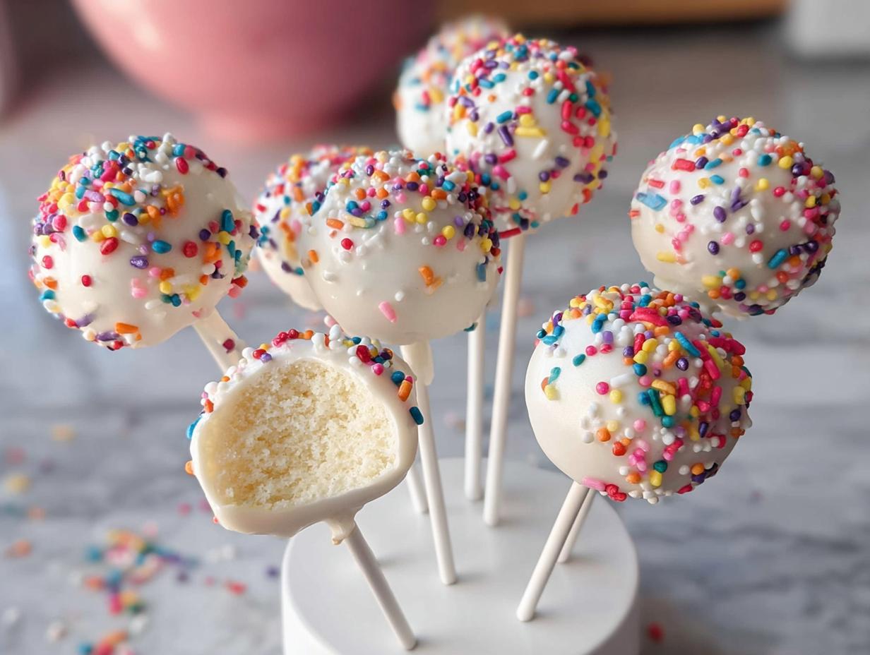 Several White Chocolate Sprinkle Cake Pops dipped in white coating and covered in rainbow sprinkles, one is cut open showing the cake interior.