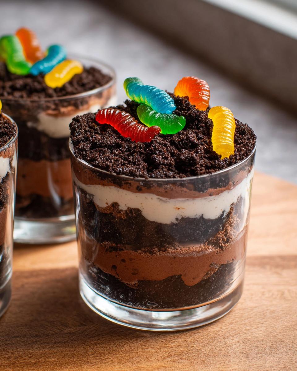 Close-up of layered Worms & Dirt Cups dessert topped with gummy worms and crushed chocolate cookies.