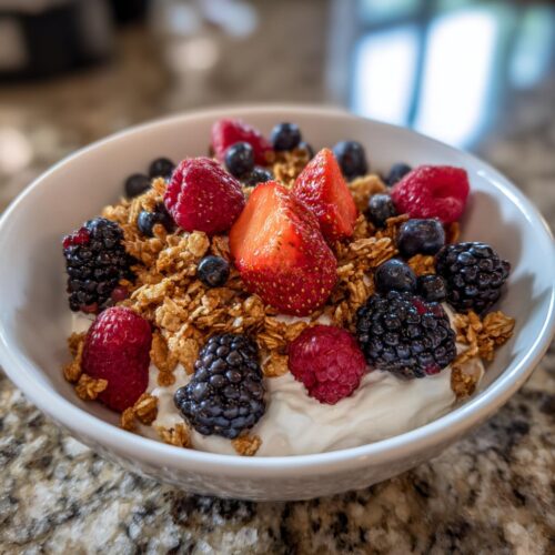 A white bowl filled with yogurt, granola, strawberries, blueberries, and blackberries, perfect for a Quick Workday Breakfast Idea.