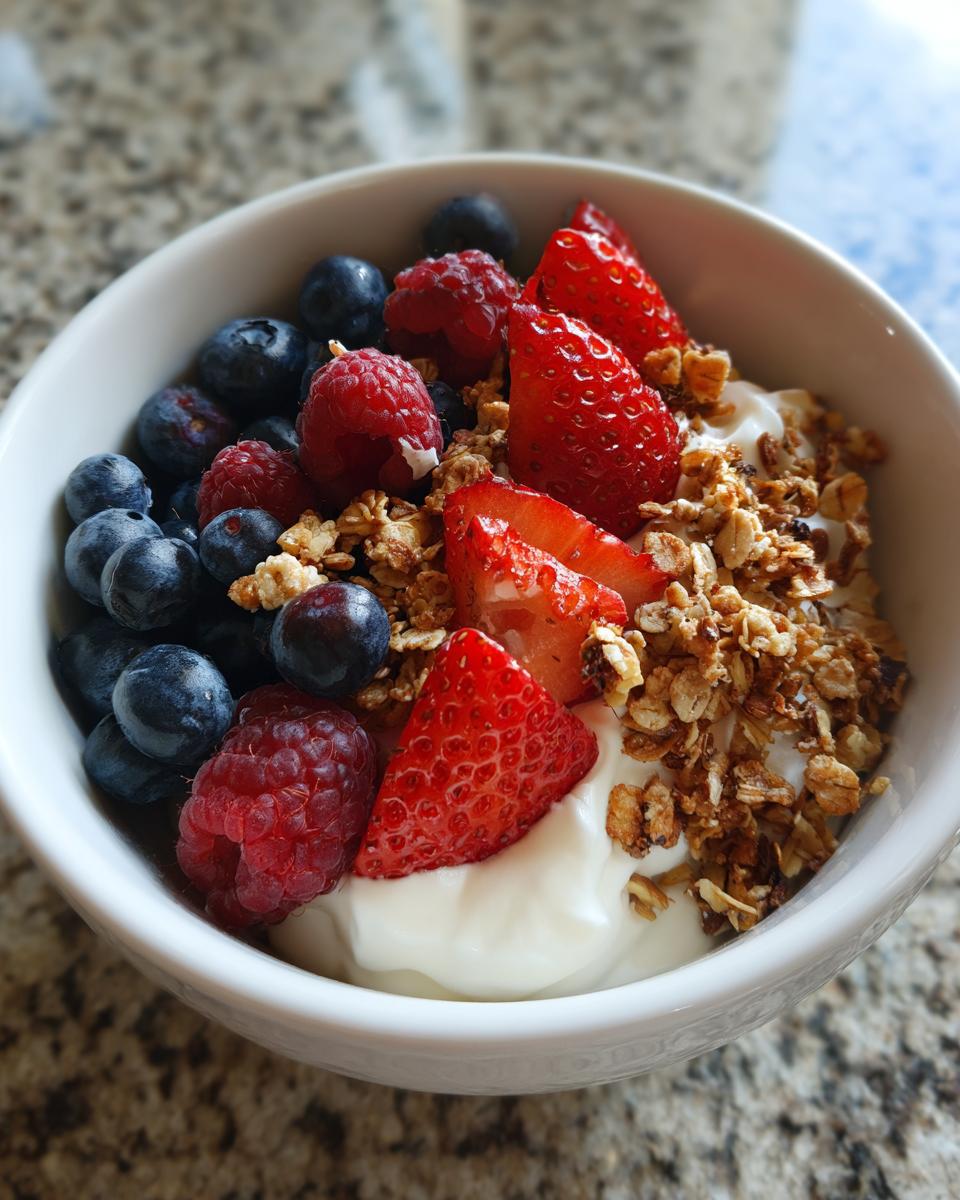 A white bowl filled with yogurt, topped with granola, blueberries, raspberries, and sliced strawberries as a Quick Workday Breakfast Idea.