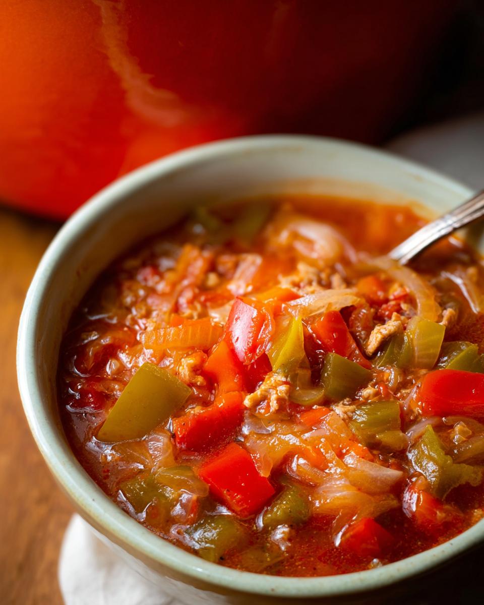 Close-up of a bowl filled with rich, tomato-based 30-Minute Pepper Soup featuring chunks of red and green peppers and onions.