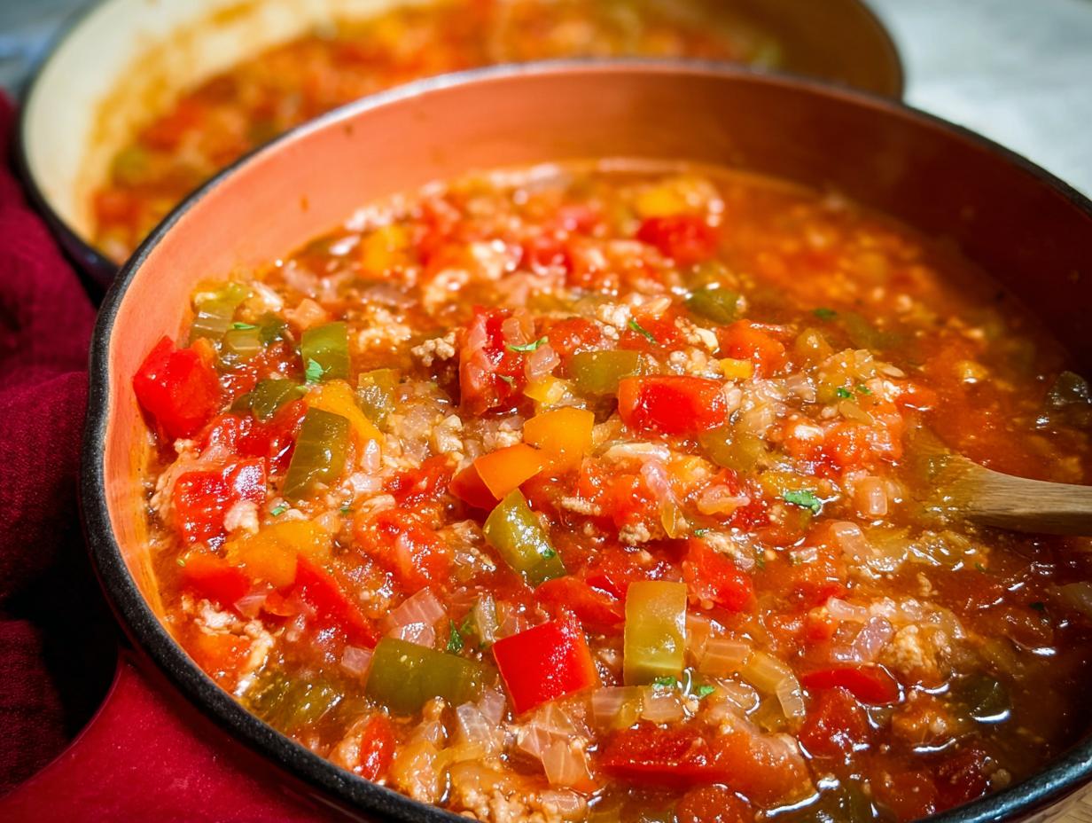 Close-up of a vibrant, chunky 30-Minute Pepper Soup filled with diced red, green, and yellow peppers in a rich tomato broth.