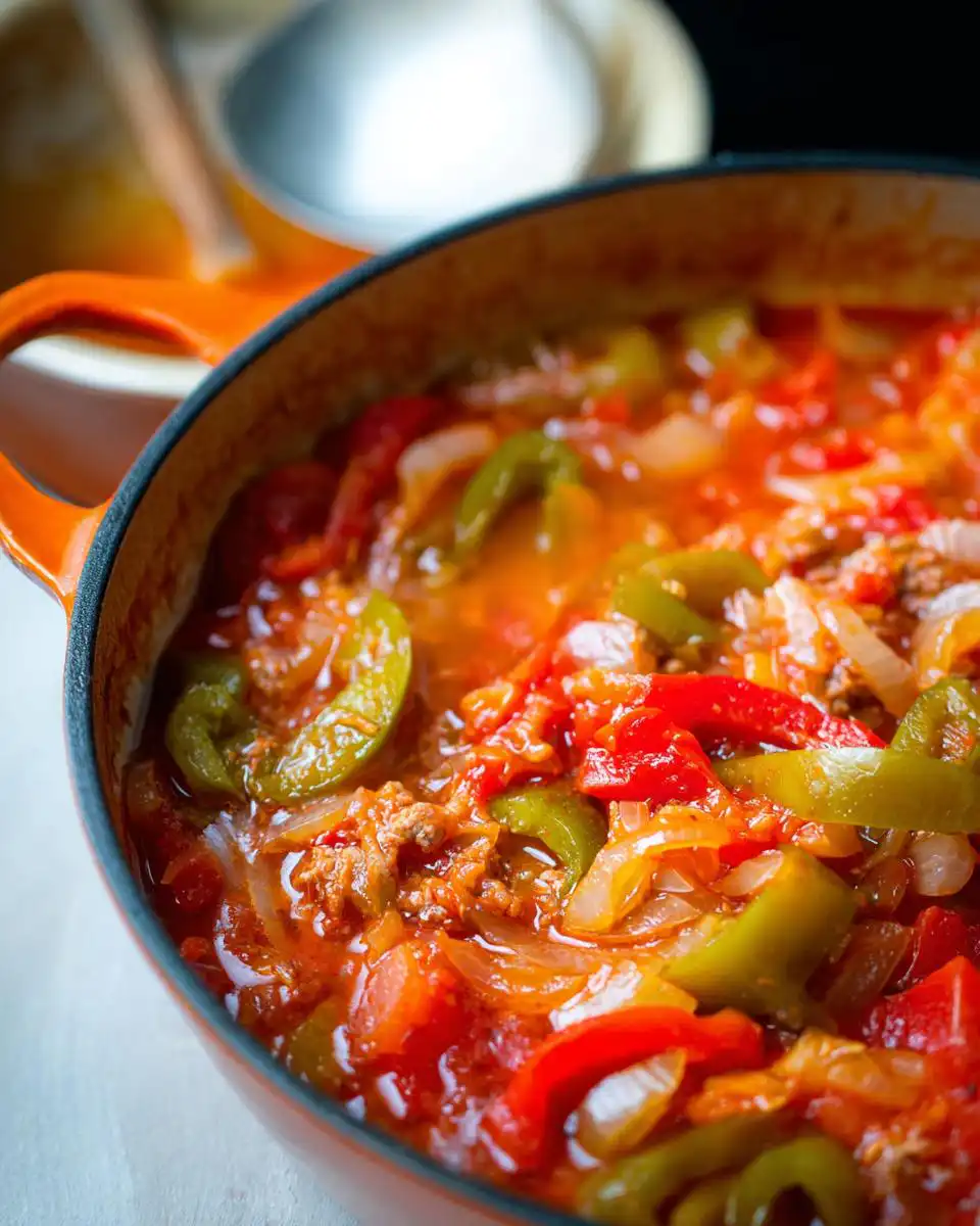 Close-up of simmering 30-Minute Pepper Soup with chunks of green peppers, red tomatoes, and onions in an orange pot.