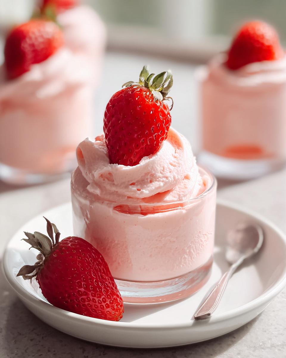 A close-up of a serving of light pink 4-Ingredient Strawberry Mousse topped with a fresh strawberry.