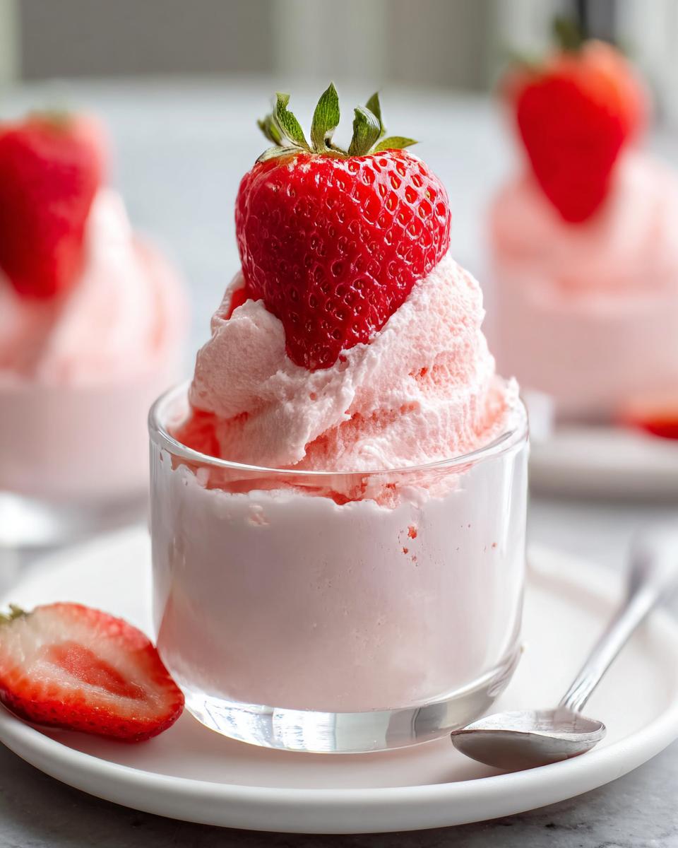 Close-up of a glass serving of light pink 4-Ingredient Strawberry Mousse topped with a whole fresh strawberry.
