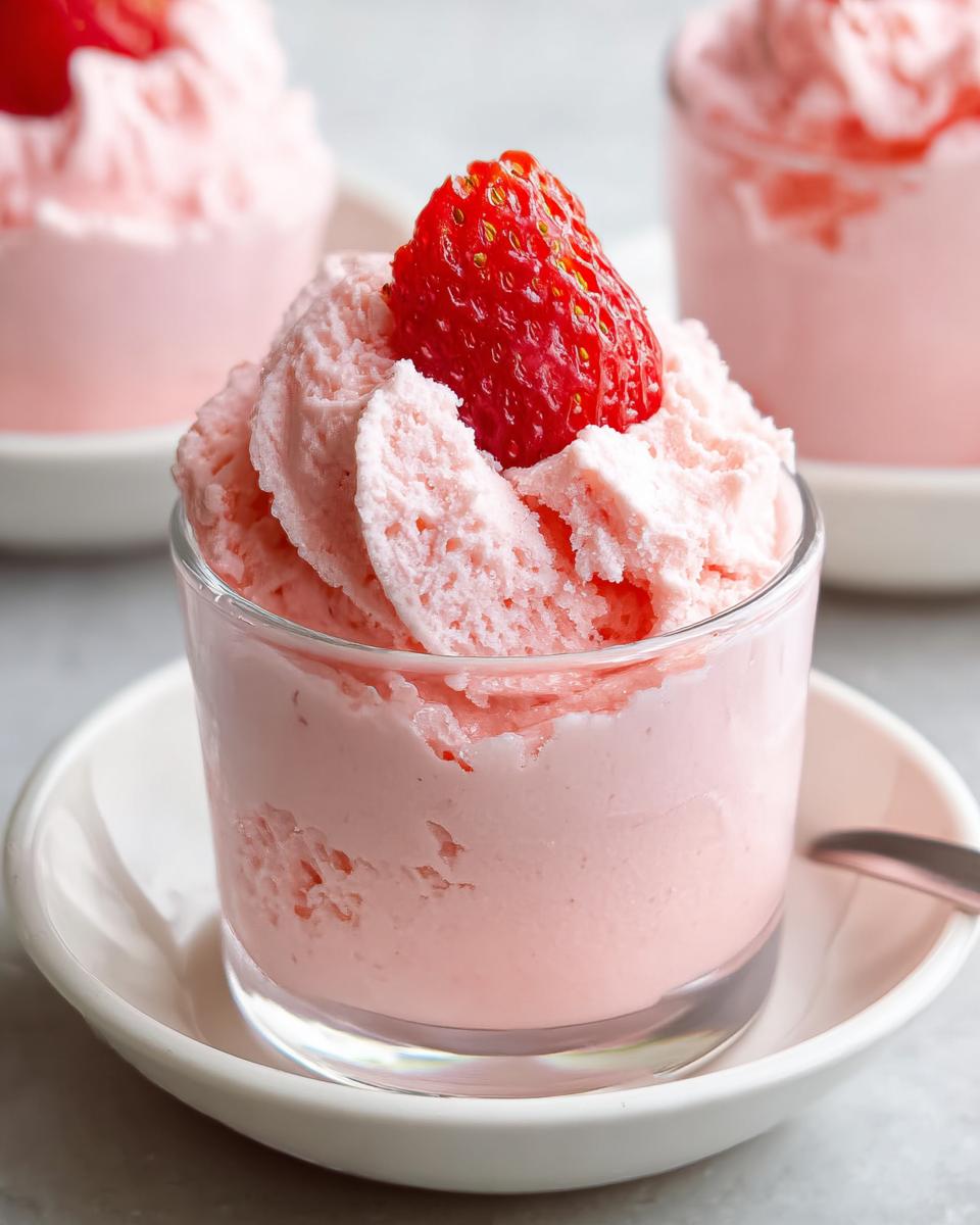Close-up of light pink 4-Ingredient Strawberry Mousse topped with a fresh, bright red strawberry.