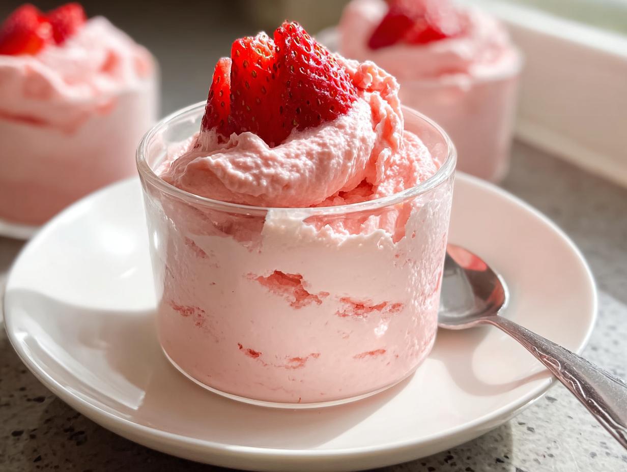 Close-up of a glass serving of light pink 4-Ingredient Strawberry Mousse topped with sliced fresh strawberries.