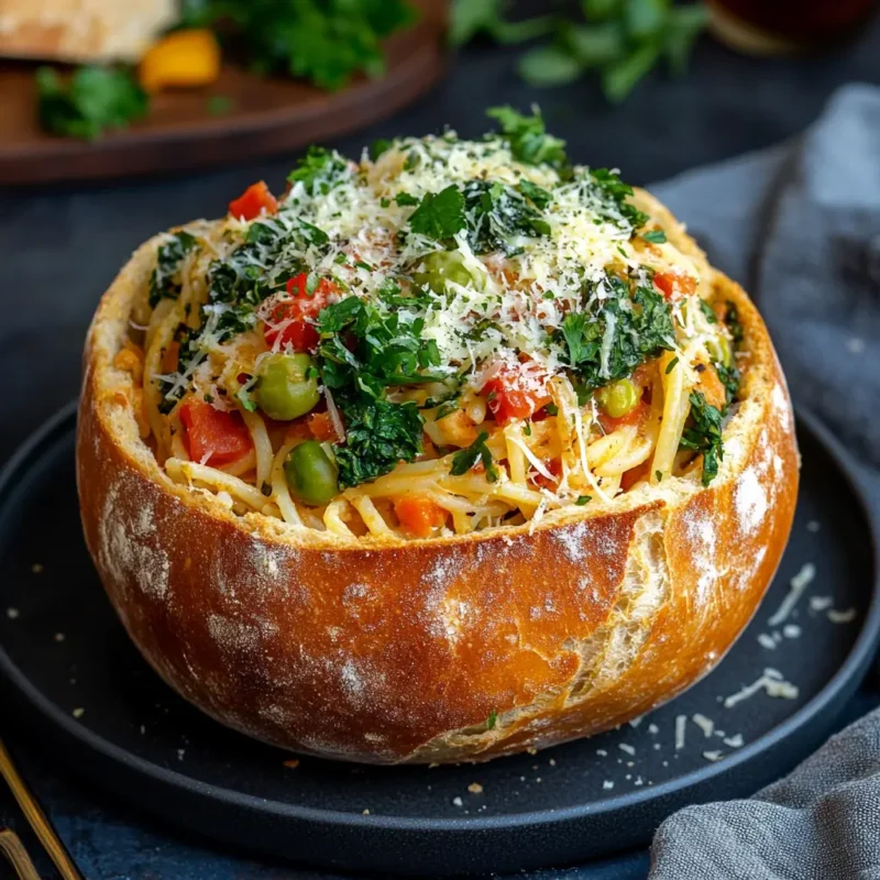 Vegetarian Spaghetti Primavera Bread Bowl
