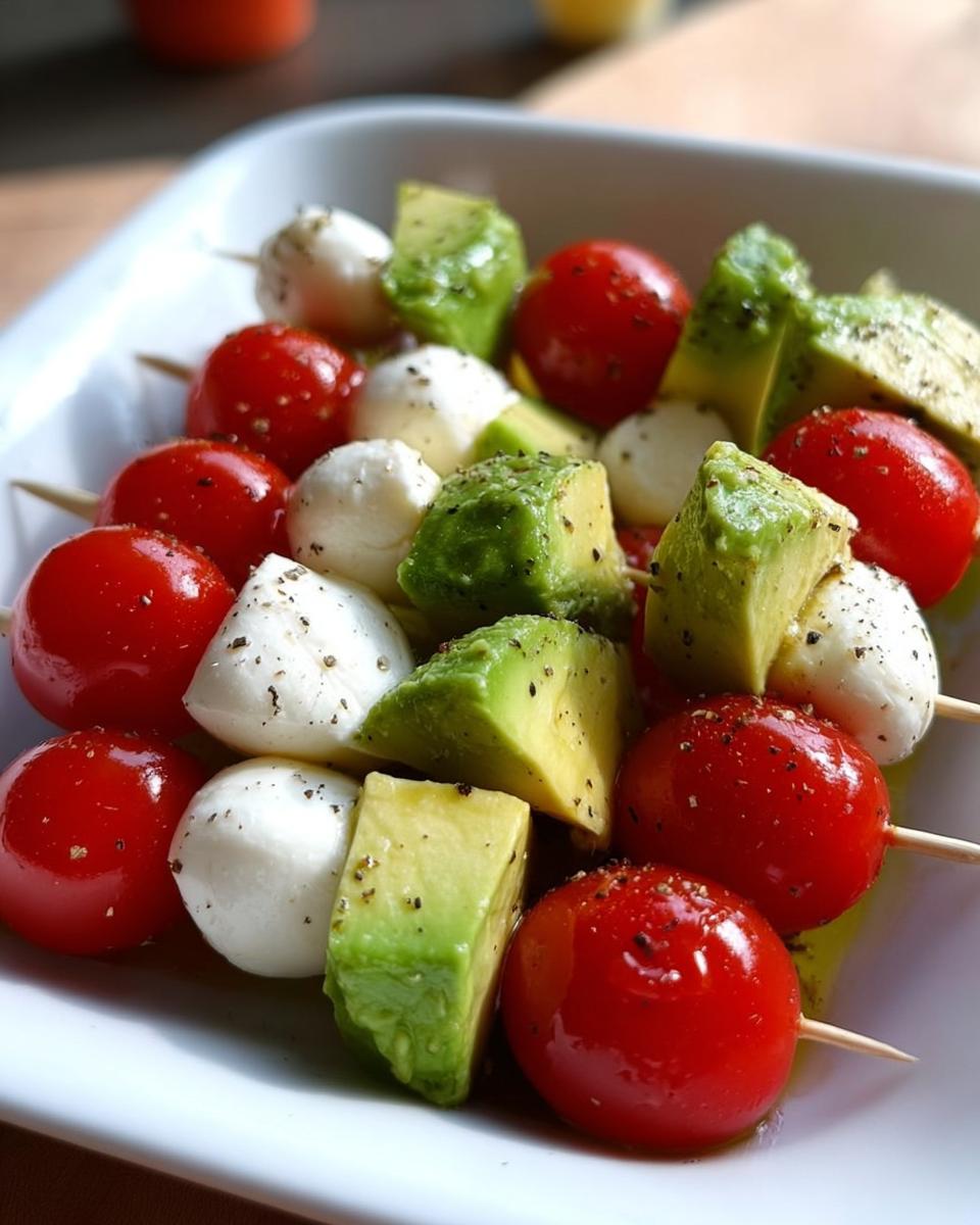 Close-up of Avocado Caprese Bites skewers featuring cherry tomatoes, mozzarella balls, and avocado chunks seasoned with pepper.