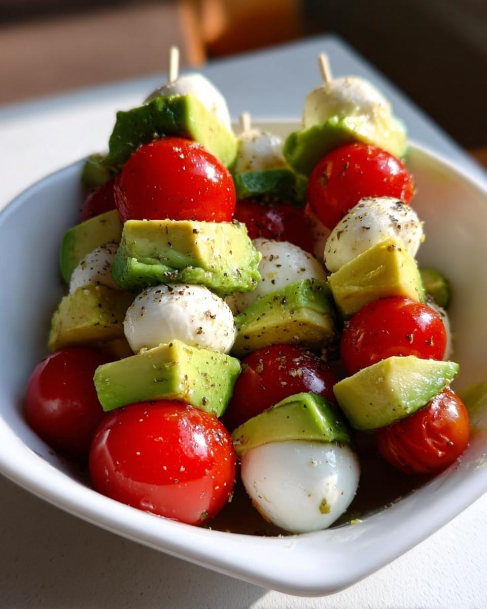 Close-up of Avocado Caprese Bites skewers featuring cherry tomatoes, avocado chunks, and mozzarella balls seasoned with herbs.