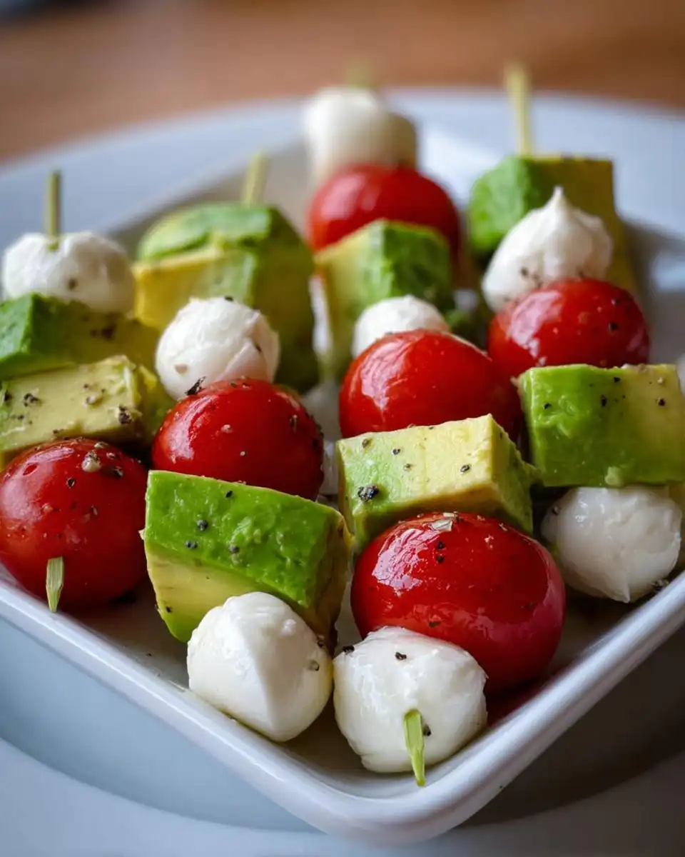 Close-up of colorful Avocado Caprese Bites skewers featuring avocado chunks, cherry tomatoes, and mozzarella balls, seasoned with pepper.