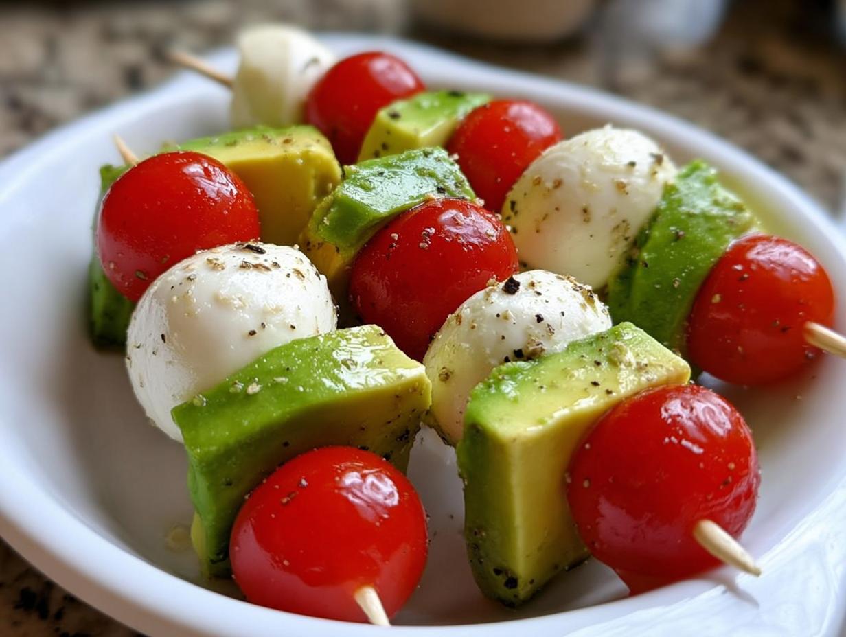 Close-up of Avocado Caprese Bites skewers featuring cherry tomatoes, avocado chunks, and mozzarella balls seasoned with pepper.