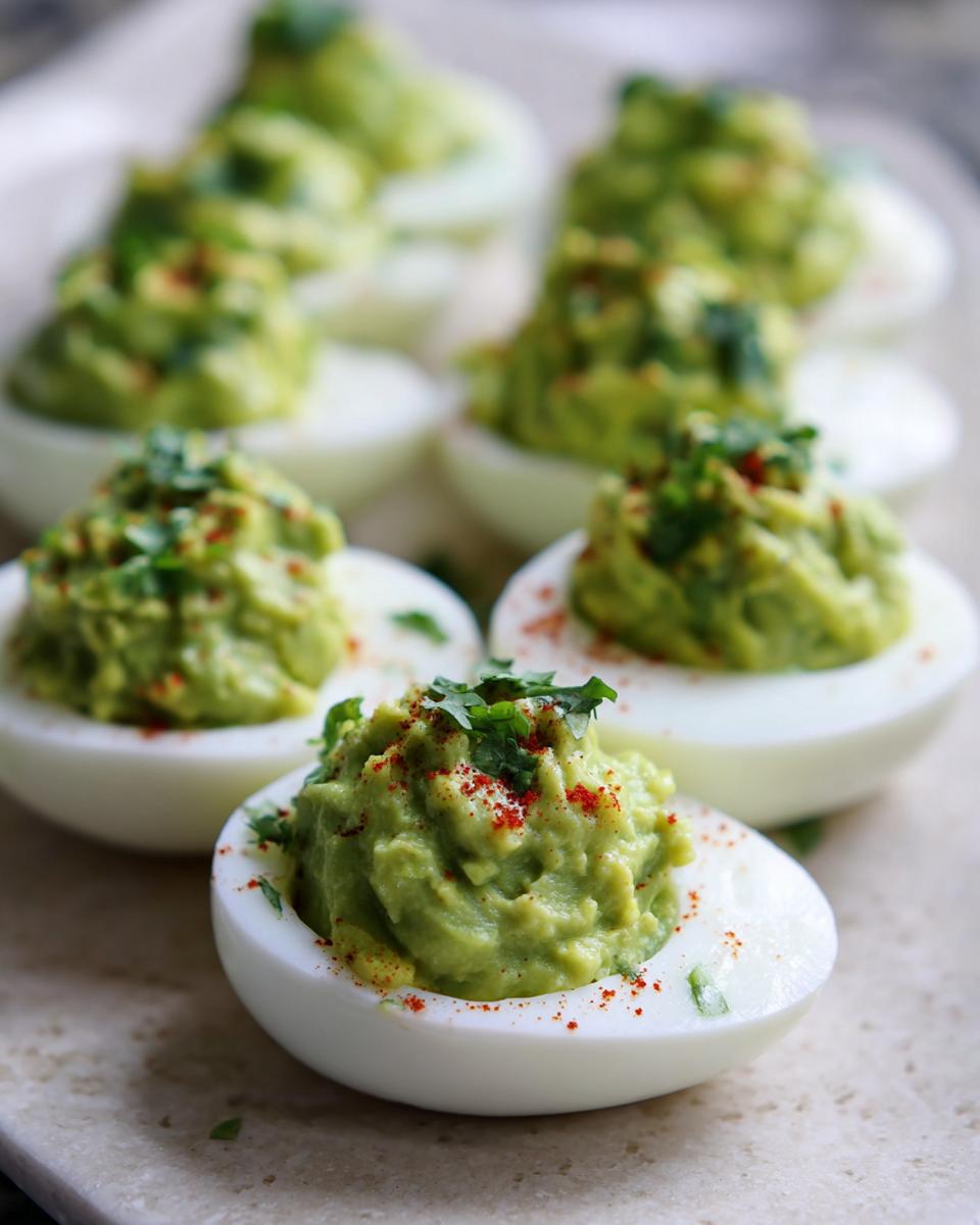 Close-up of creamy Avocado Deviled Eggs topped with paprika and fresh cilantro.