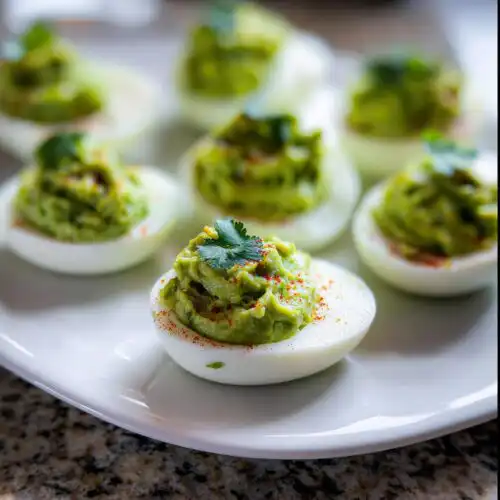 A close-up of one perfectly prepared Avocado Deviled Eggs, garnished with cilantro and paprika, sitting on a white plate with more eggs blurred in the background.