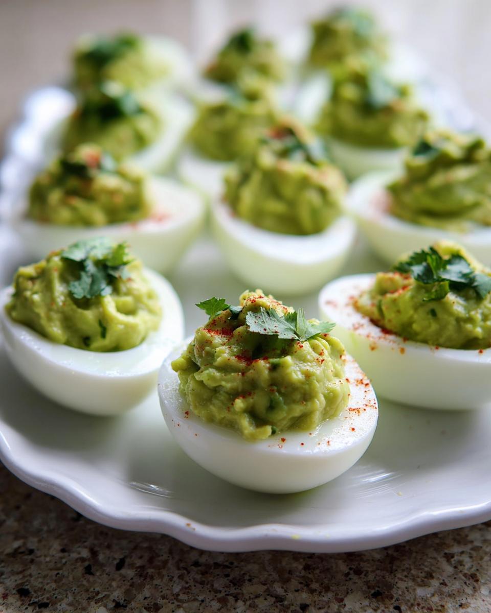 A platter of freshly made Avocado Deviled Eggs, topped with cilantro and paprika.