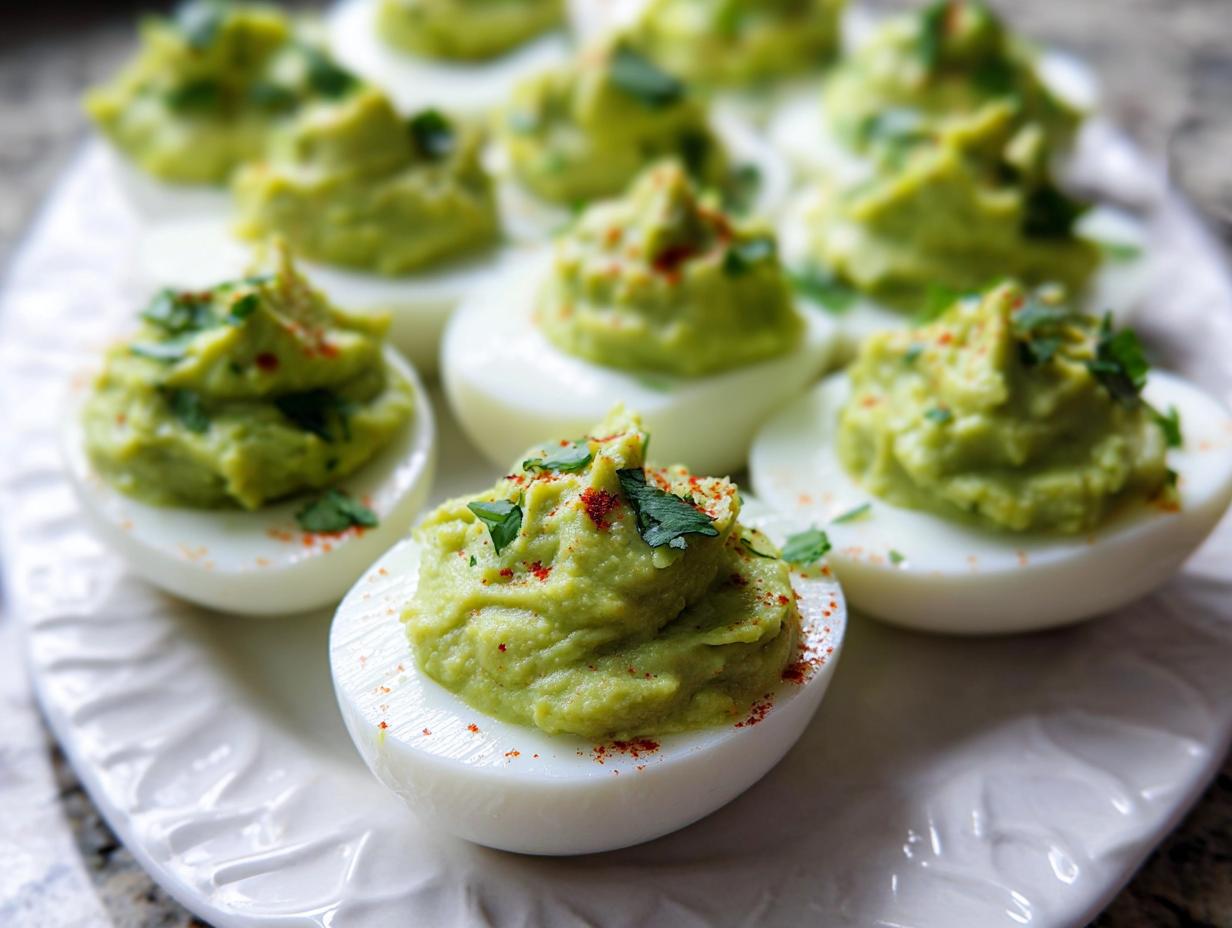 A close-up of several Avocado Deviled Eggs on a white platter, topped with paprika and parsley.