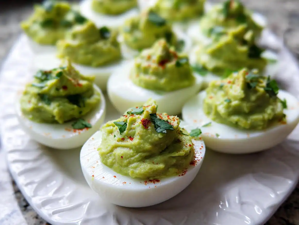 A close-up of several Avocado Deviled Eggs on a white platter, topped with paprika and parsley.