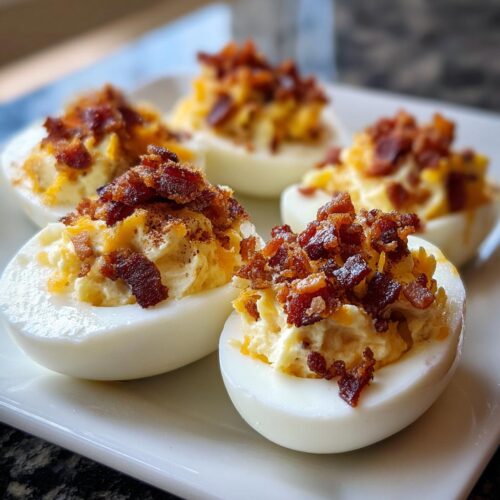 Four halves of Bacon Cheddar Deviled Eggs piled high with creamy filling, shredded cheese, and crispy bacon bits.