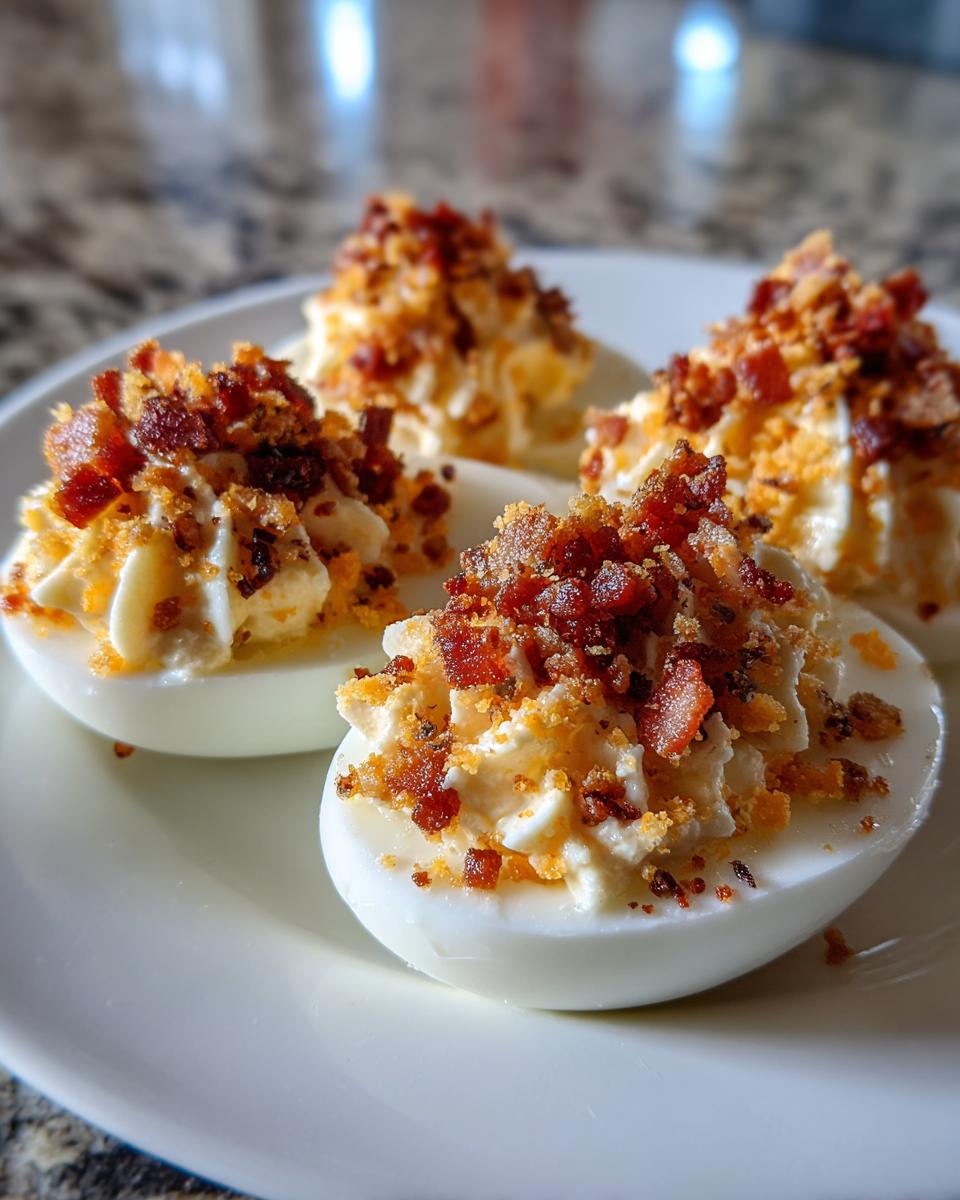 Four halves of Bacon Cheddar Deviled Eggs piled high with creamy filling and topped with crispy bacon bits.