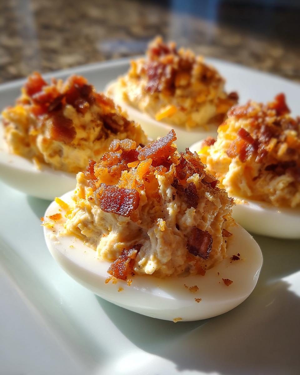 Four rich Bacon Cheddar Deviled Eggs piled high with creamy filling and topped with crispy bacon bits.