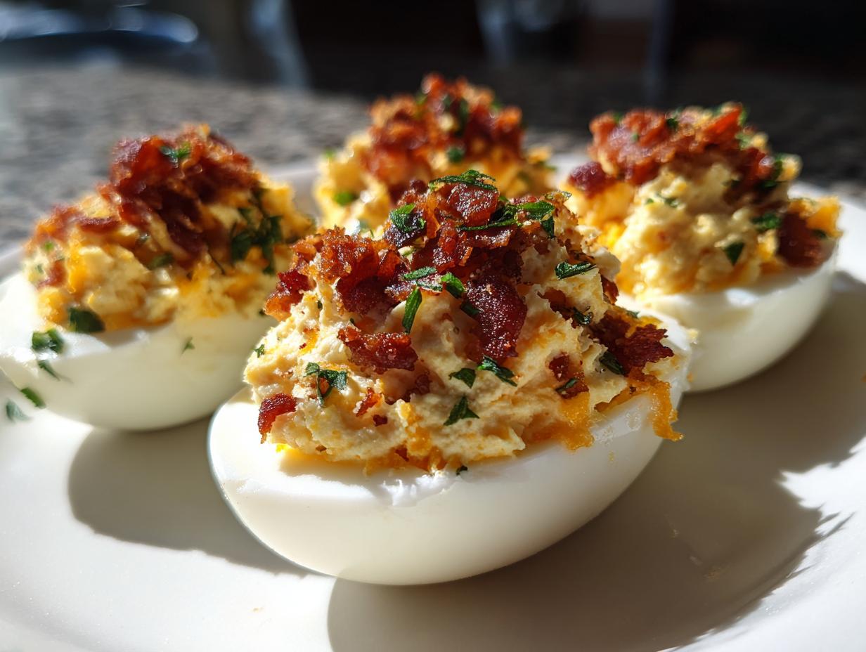 Four halves of Bacon Cheddar Deviled Eggs piled high with filling, topped generously with crispy bacon bits and chives.