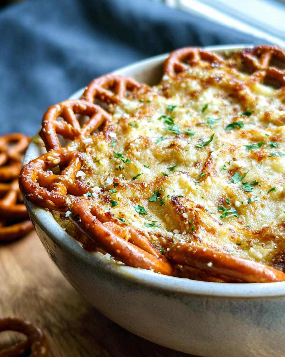 Close-up of a baked Garlic Parmesan Pretzel Dip topped with melted cheese and parsley, surrounded by pretzels.