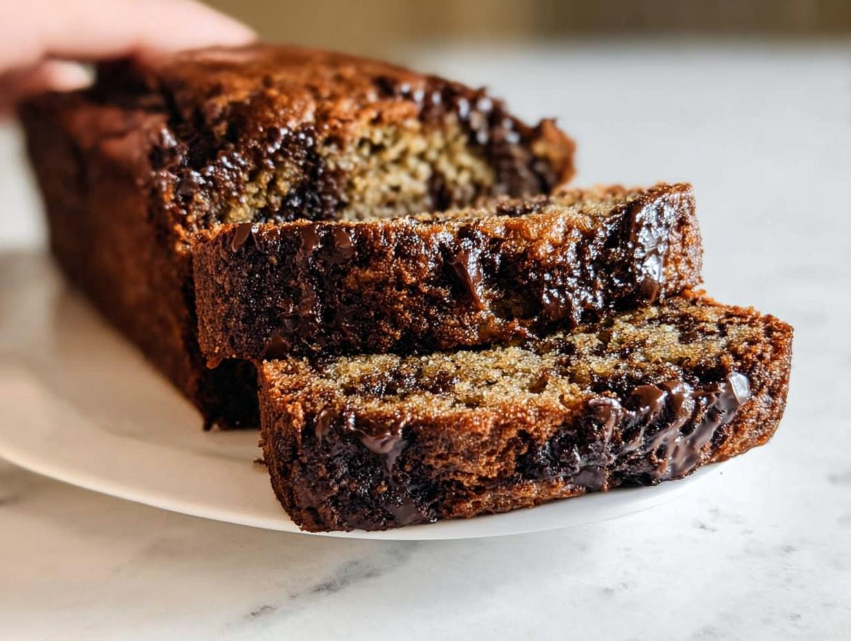 Close-up of two thick slices cut from a loaf of moist Bakery-Style Chocolate Chip Banana Bread, featuring melted chocolate.