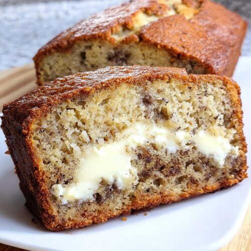 Close-up of a thick slice of Banana Bread with Sour Cream Swirl showing a creamy white center.