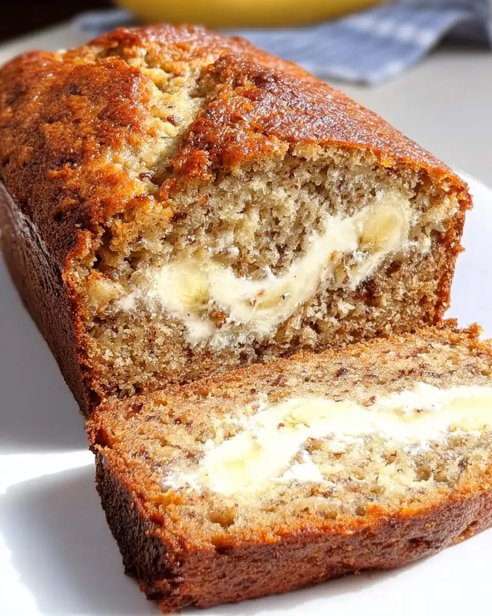 A loaf of Banana Bread with Sour Cream Swirl, with one slice cut to show the creamy center and banana pieces.