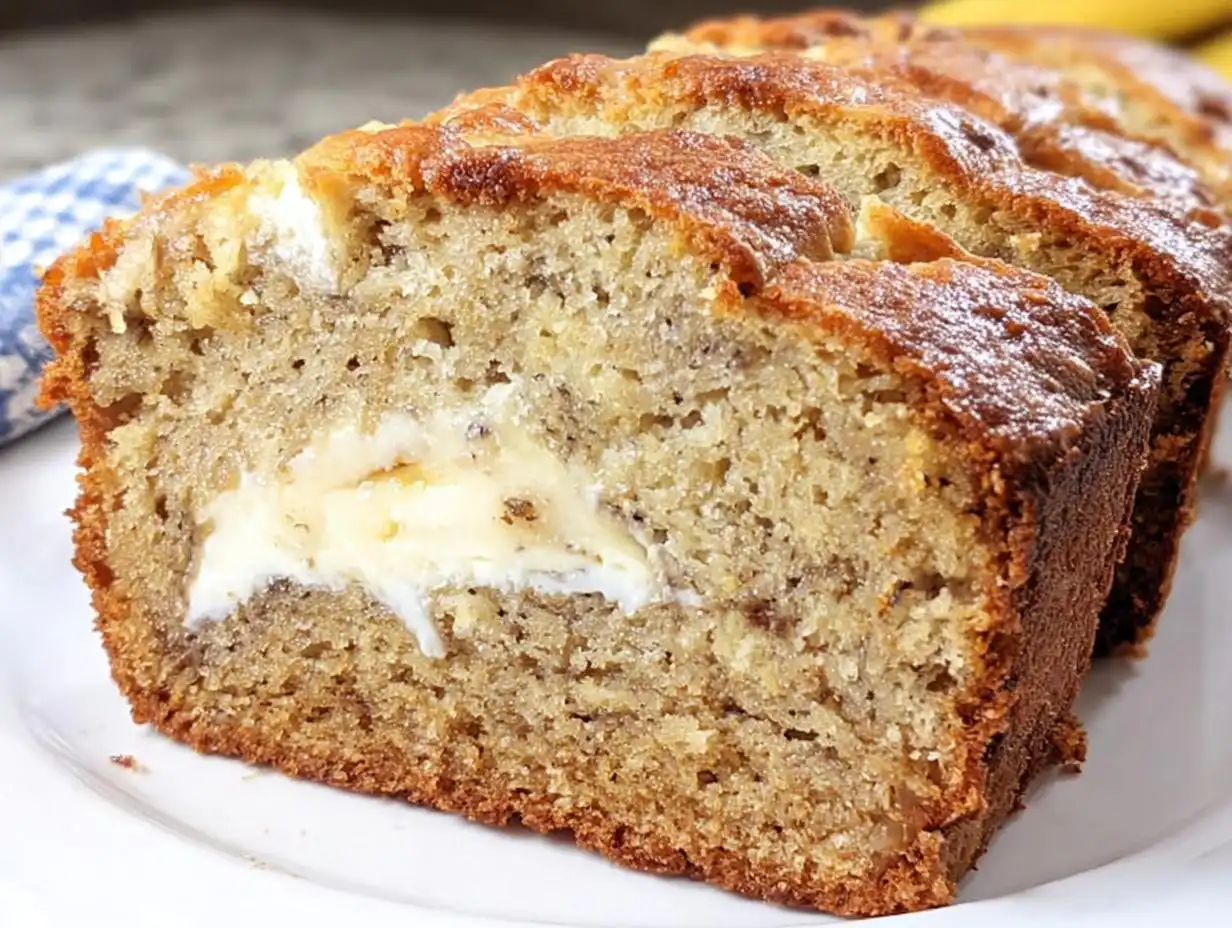 Close-up of sliced Banana Bread with Sour Cream Swirl showing a moist crumb and creamy center.