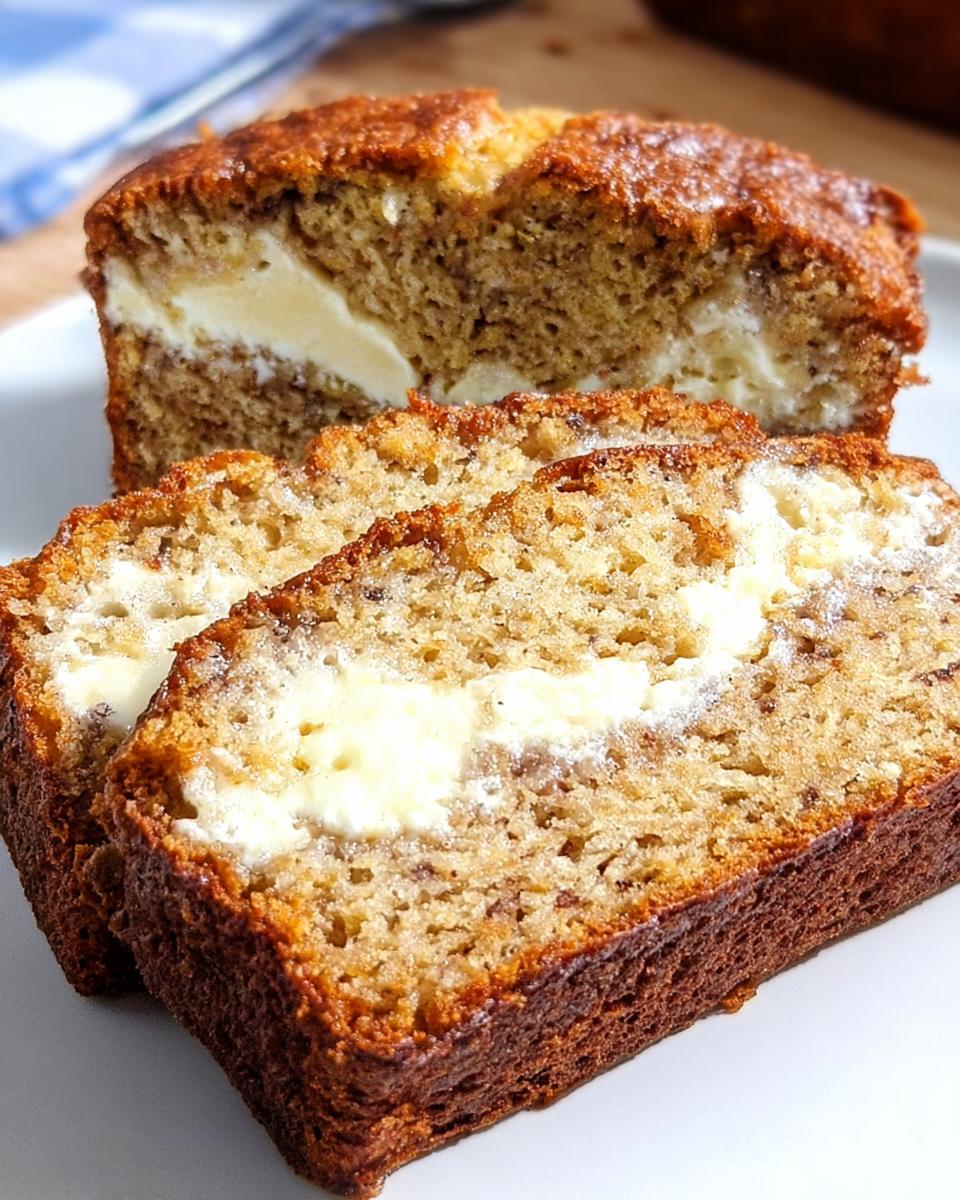Close-up of three moist slices of Banana Bread with Sour Cream Swirl showing the creamy white filling.