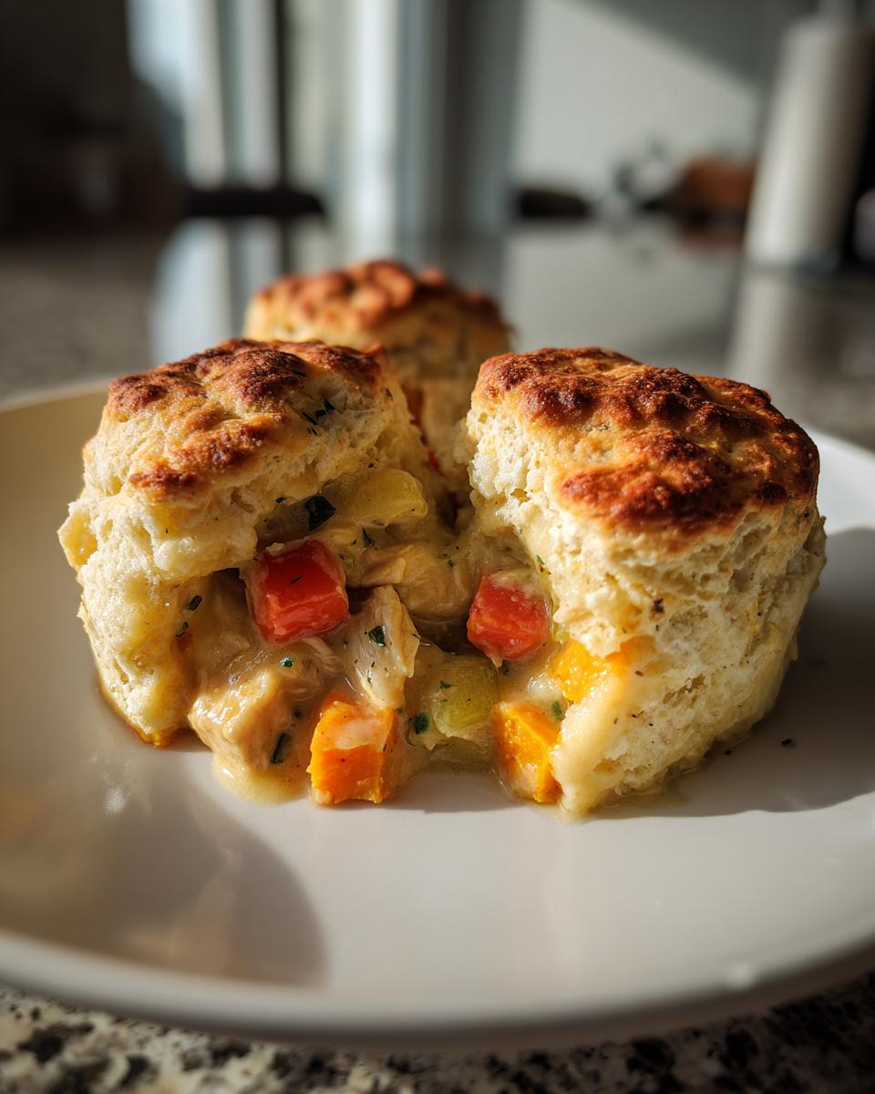 Close-up of biscuit topping split open to reveal creamy filling of Chicken Pot Pie with Sweet Potatoes.