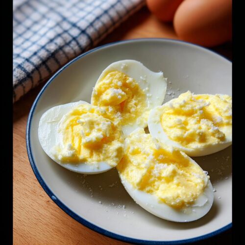 Four halves of hard-boiled eggs seasoned with salt, served on a plate, ready for eating Boiled Eggs with Butter and Salt.