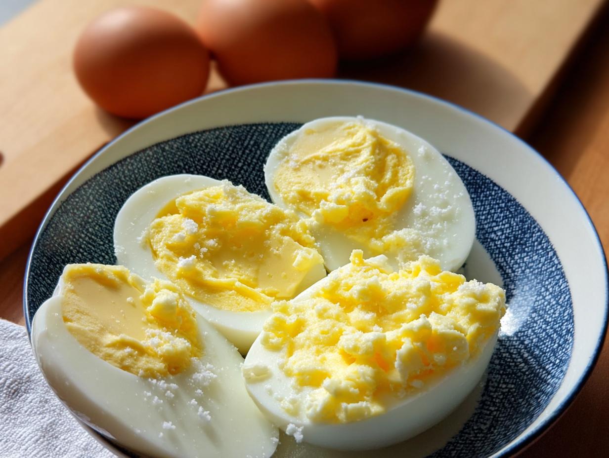 Four halves of Boiled Eggs with Butter and Salt served in a blue and white patterned bowl, with whole eggs in the background.