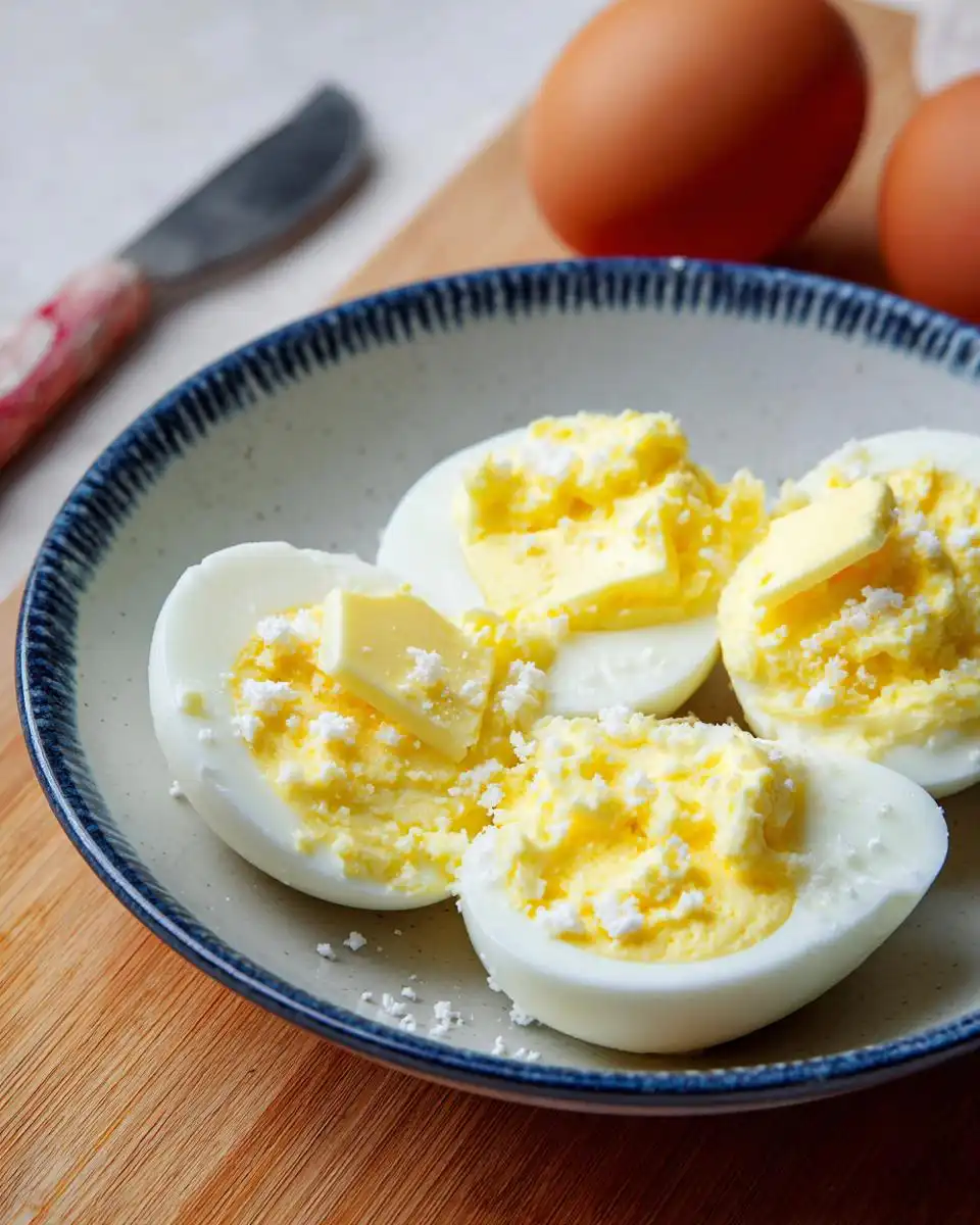 Four halves of Boiled Eggs with Butter and Salt served in a small bowl, ready to eat.