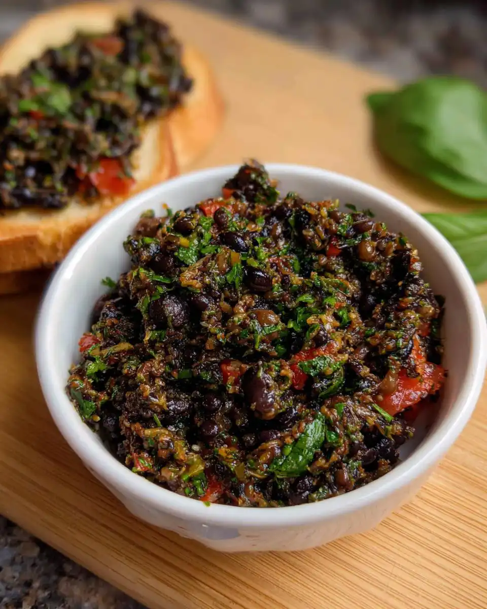 Close-up of a white bowl filled with chunky Olive Tapenade Bruschetta Dip, next to a piece of toast topped with the dip.