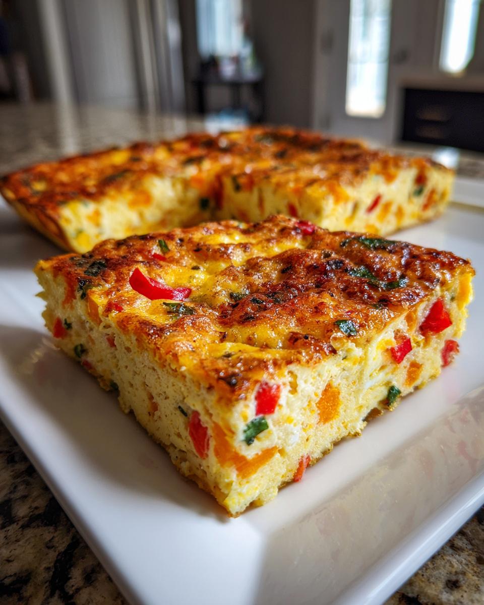 A thick slice of baked egg casserole with visible red and orange peppers, ideal as a Breakfast Bake Perfect for Lunchboxes.